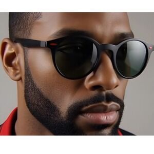 Mens Black Round Sunglasses Polarized Green Lens Acetate Frame Outdoor Stylish